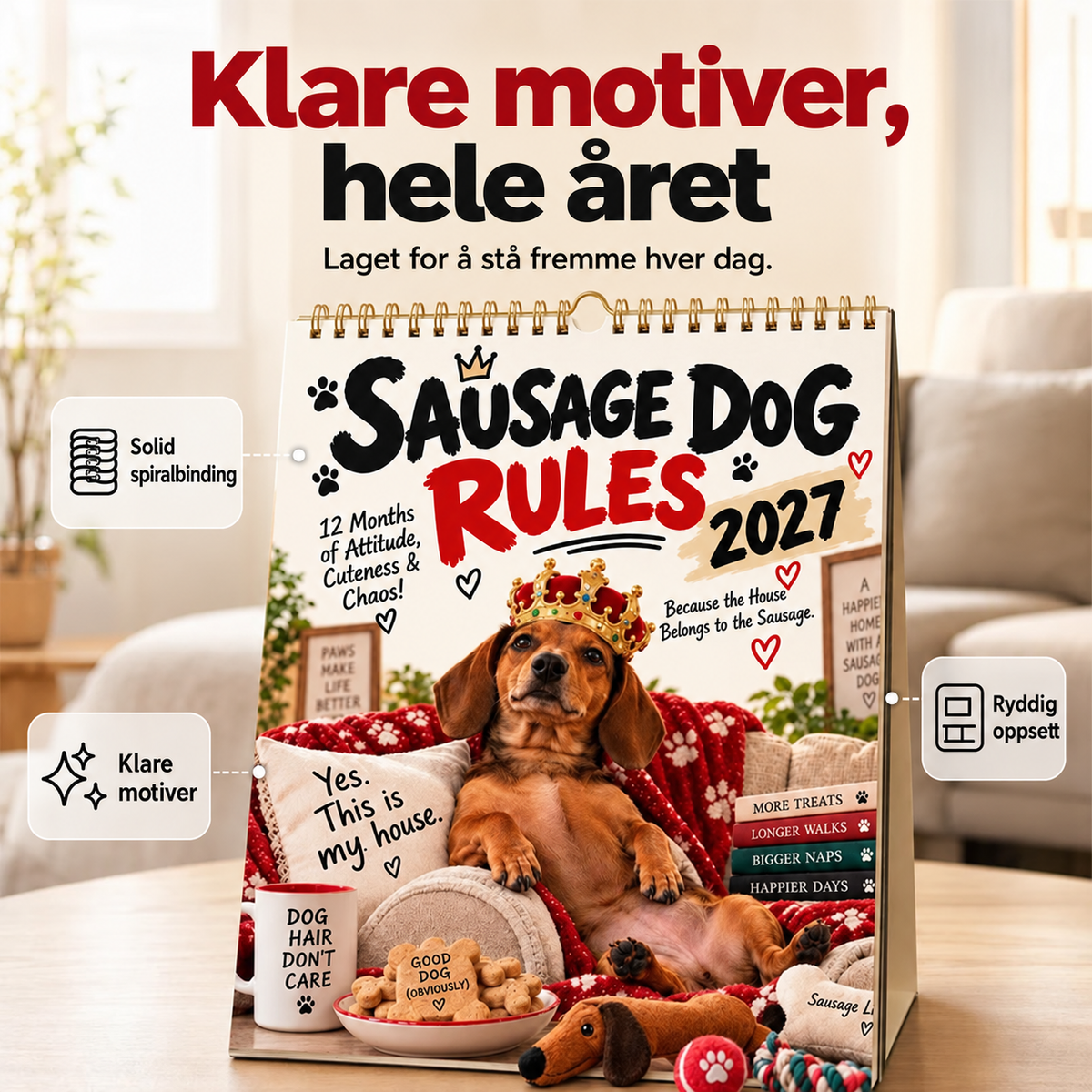 🔥 50 % RABATT 🐶 2027 Dachs-Bordkalender – 12 Måneder med Søte Motiver