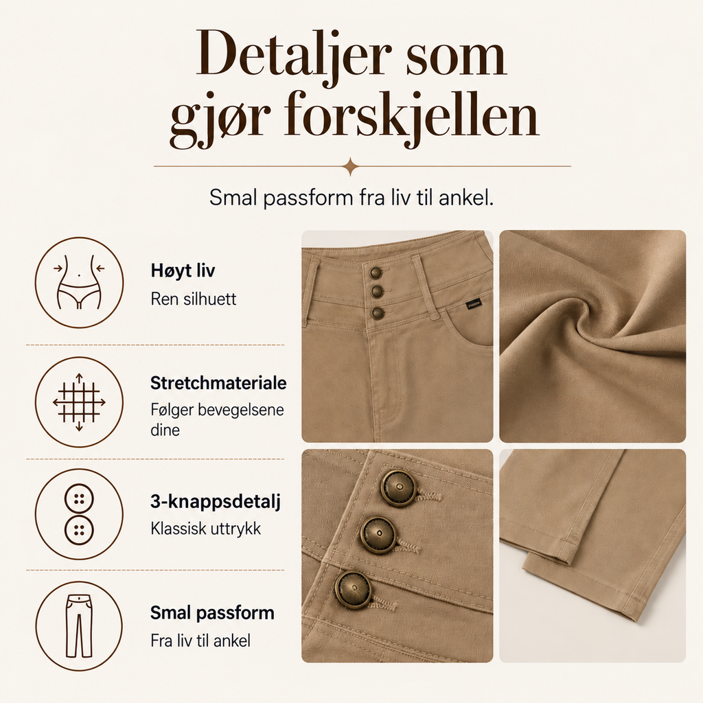🔥 60% RABAT👖Damebukse med Høyt Liv & Stretch – Smal Passform med 3-Knappsdetalj