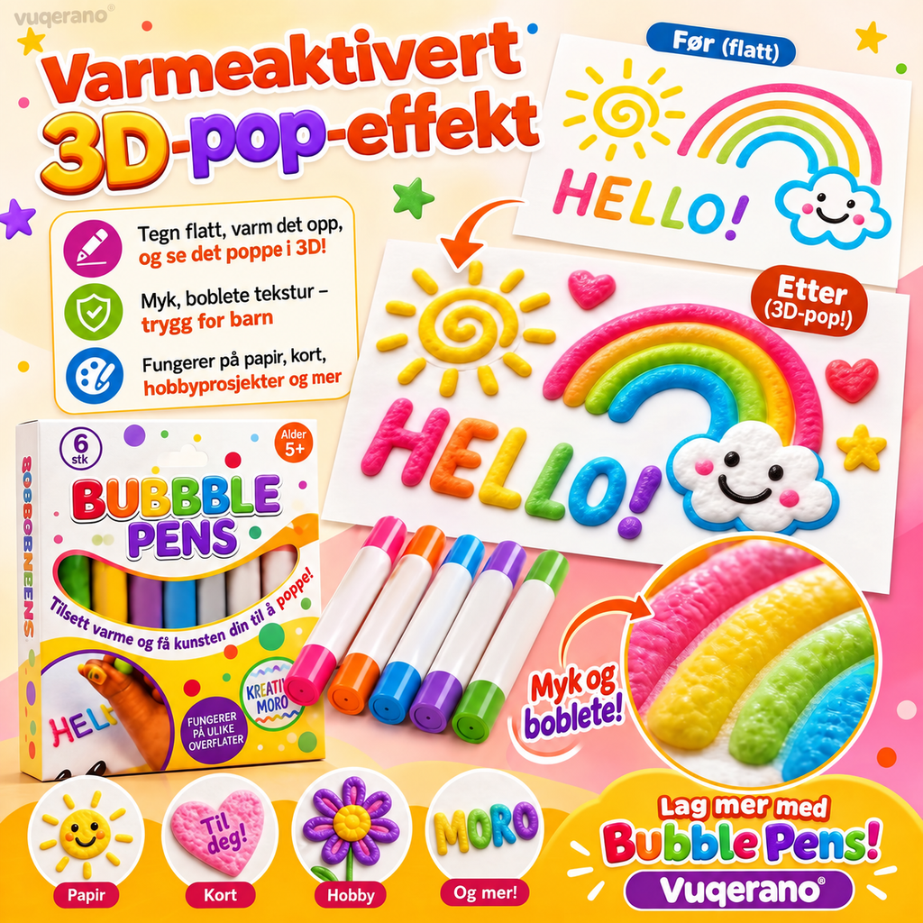 🔥 50% RABATT 🎨 Bubble Pens – 6 Farger med Varmeaktivert 3D-Effekt