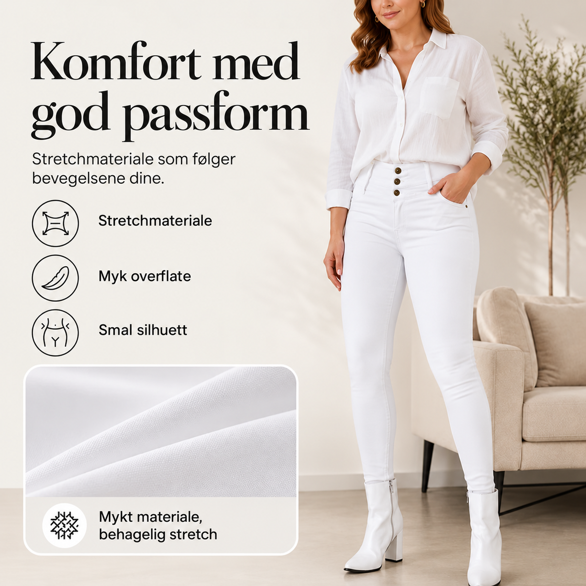 🔥 60% RABAT👖Damebukse med Høyt Liv & Stretch – Smal Passform med 3-Knappsdetalj