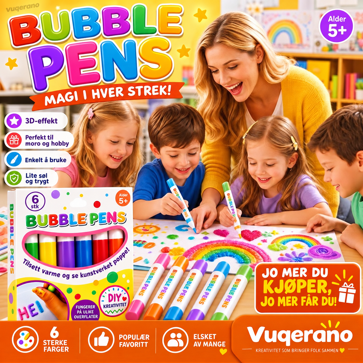 🔥 50% RABATT 🎨 Bubble Pens – 6 Farger med Varmeaktivert 3D-Effekt