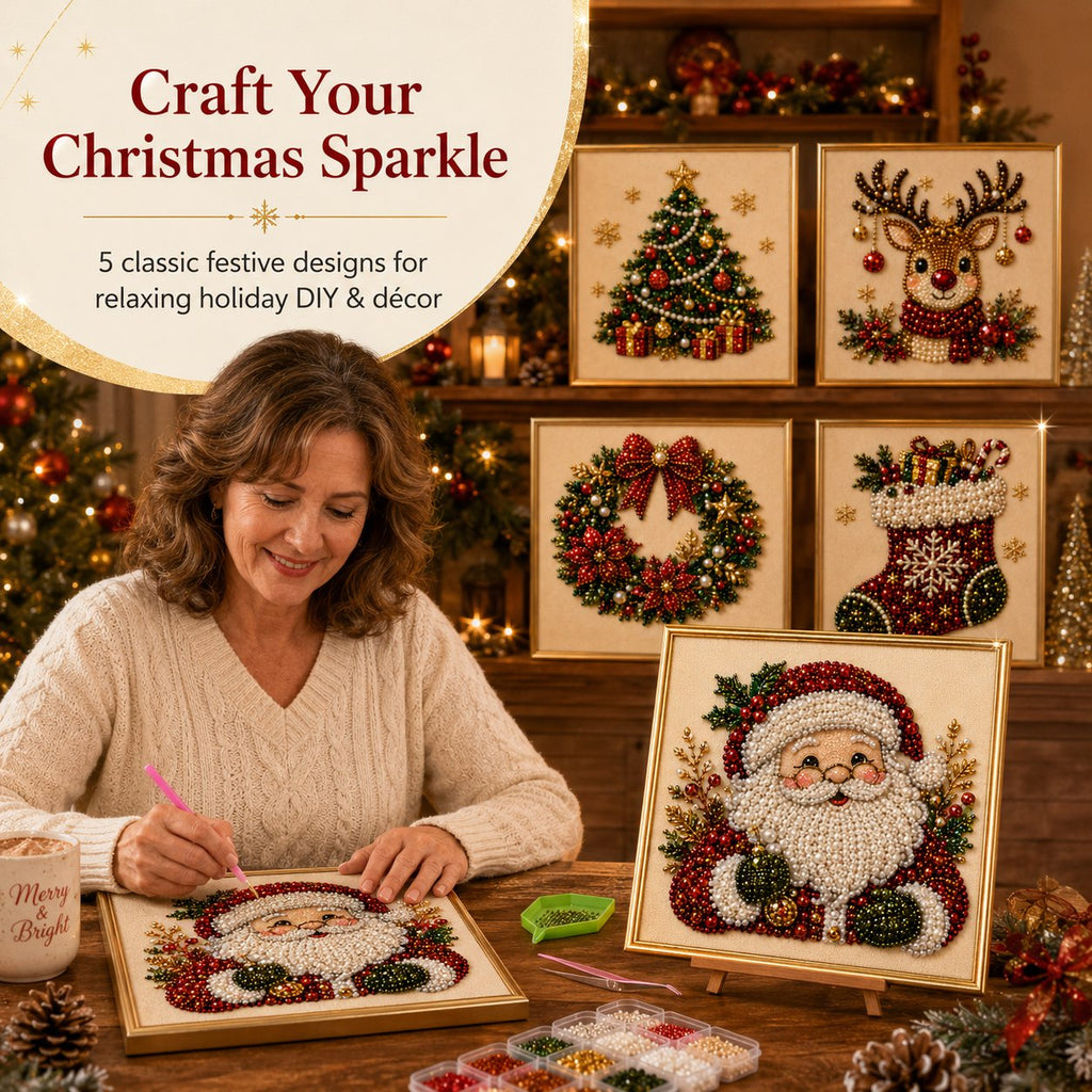 🎄 50% RABATT – Jul-DIY diamantmalingssett – 5 klassiske motiv – avslappende håndarbeid – komplett sett med ramme – perfekt julegave