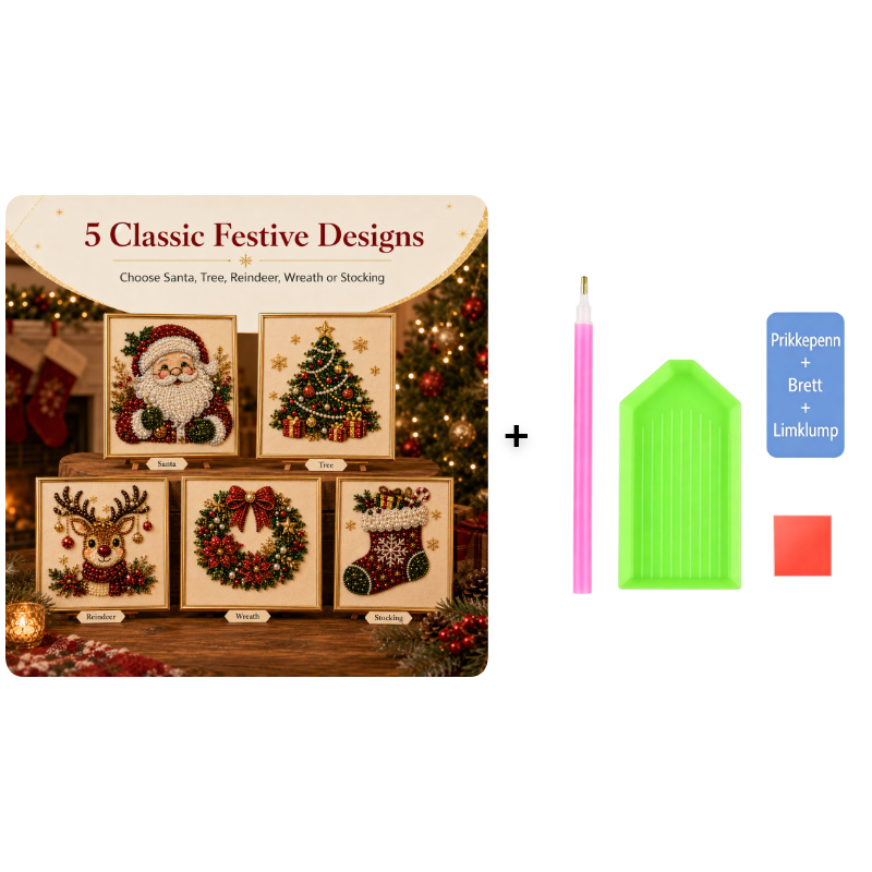 🎄 50% RABATT – Jul-DIY diamantmalingssett – 5 klassiske motiv – avslappende håndarbeid – komplett sett med ramme – perfekt julegave