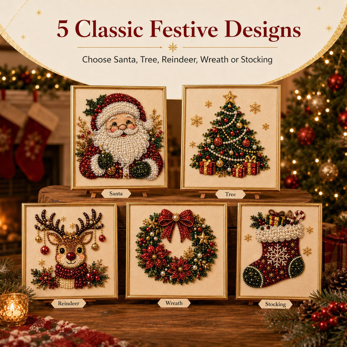 🎄 50% RABATT – Jul-DIY diamantmalingssett – 5 klassiske motiv – avslappende håndarbeid – komplett sett med ramme – perfekt julegave