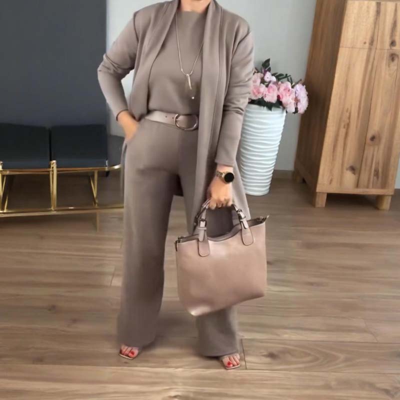 🔥 50% RABATT | Elegant 3-delt sett med lang cardigan, topp & vide bukser