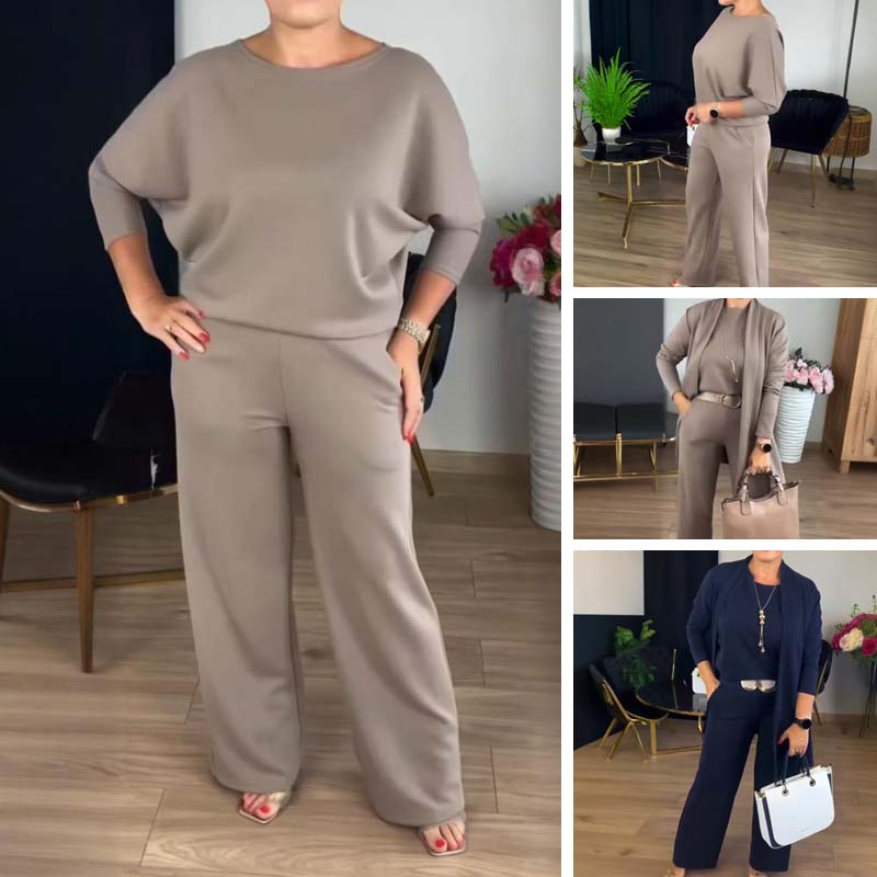 🔥 50% RABATT | Elegant 3-delt sett med lang cardigan, topp & vide bukser