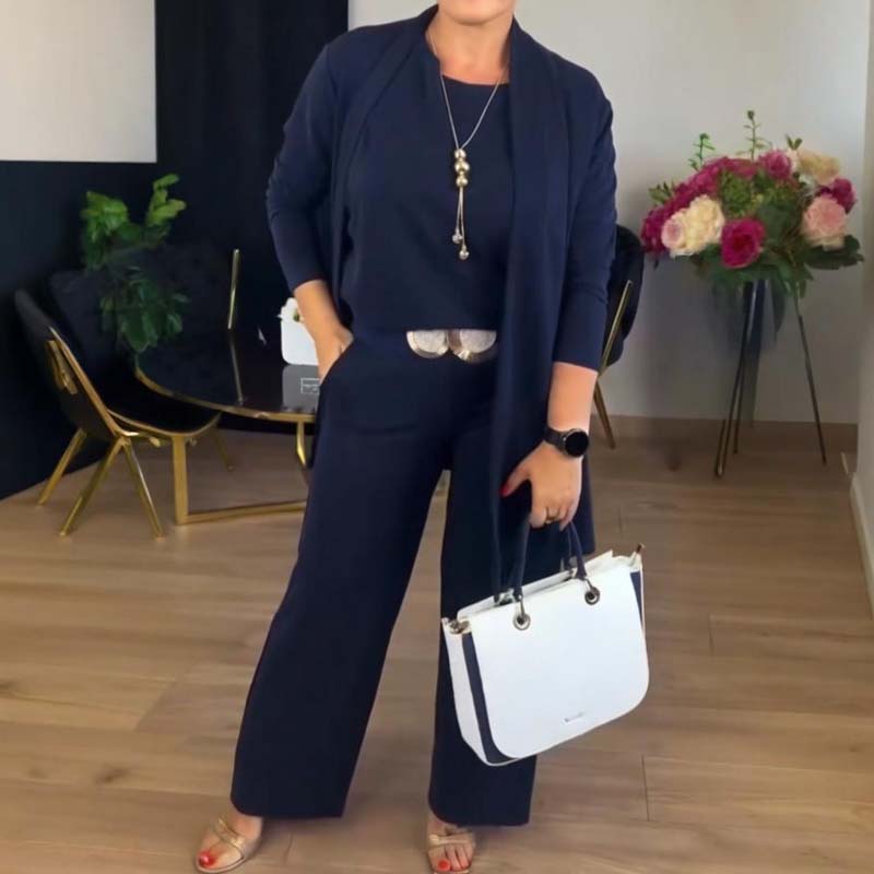 🔥 50% RABATT | Elegant 3-delt sett med lang cardigan, topp & vide bukser