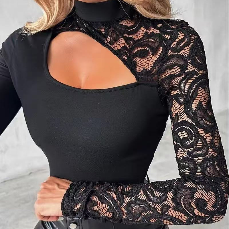 🖤 50% RABATT – Asymmetrisk topp med blondesleeve for dame | Tettsittende topp med utskjæring