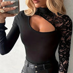 🖤 50% RABATT – Asymmetrisk topp med blondesleeve for dame | Tettsittende topp med utskjæring