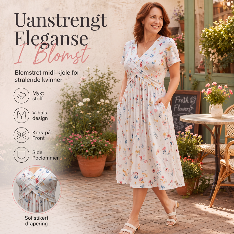 👗 50% RABATT – V-hals midi-kjole med blomstermønster – vridd midje – sidelommer – myk & luftig – avslappet sommerkjole – for en elegant og selvsikker stil