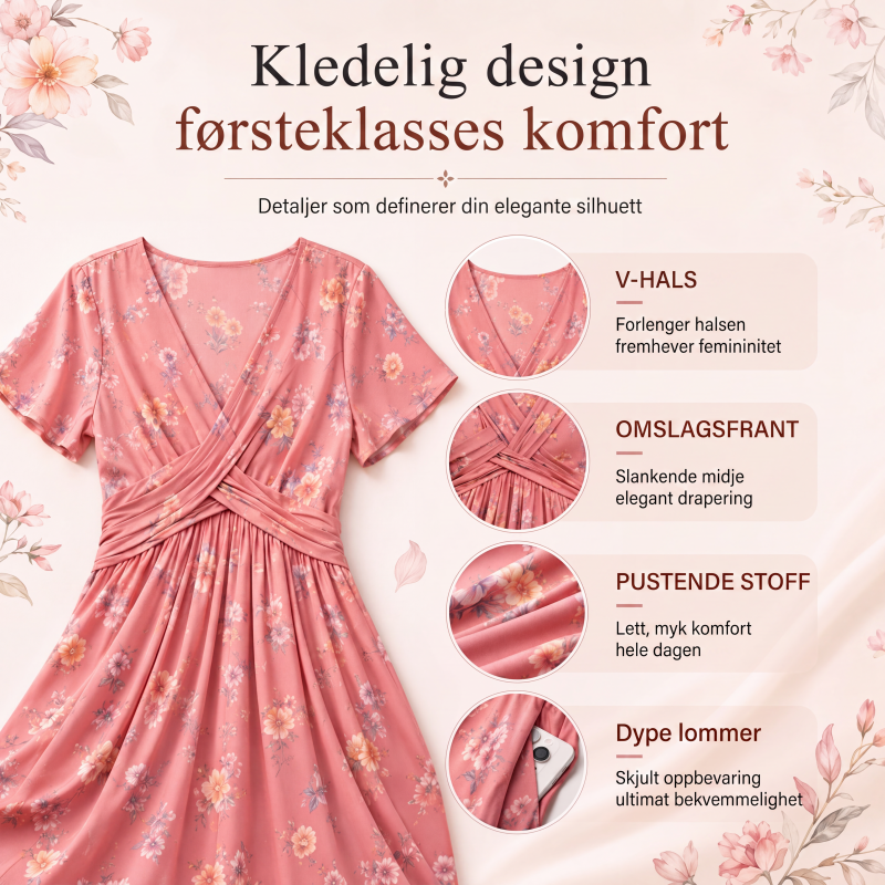 👗 50% RABATT – V-hals midi-kjole med blomstermønster – vridd midje – sidelommer – myk & luftig – avslappet sommerkjole – for en elegant og selvsikker stil