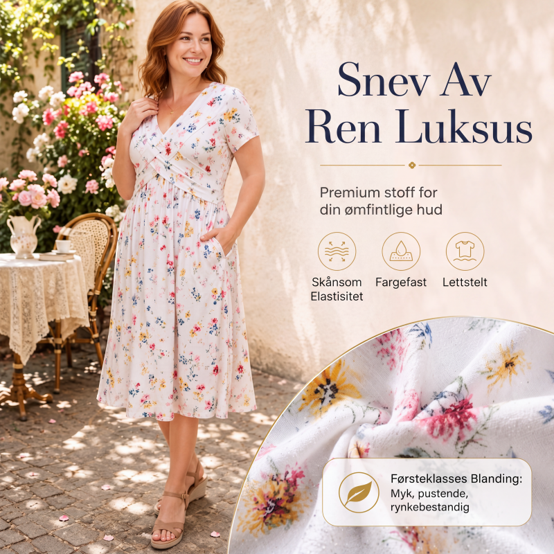 👗 50% RABATT – V-hals midi-kjole med blomstermønster – vridd midje – sidelommer – myk & luftig – avslappet sommerkjole – for en elegant og selvsikker stil