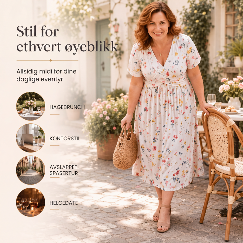 👗 50% RABATT – V-hals midi-kjole med blomstermønster – vridd midje – sidelommer – myk & luftig – avslappet sommerkjole – for en elegant og selvsikker stil