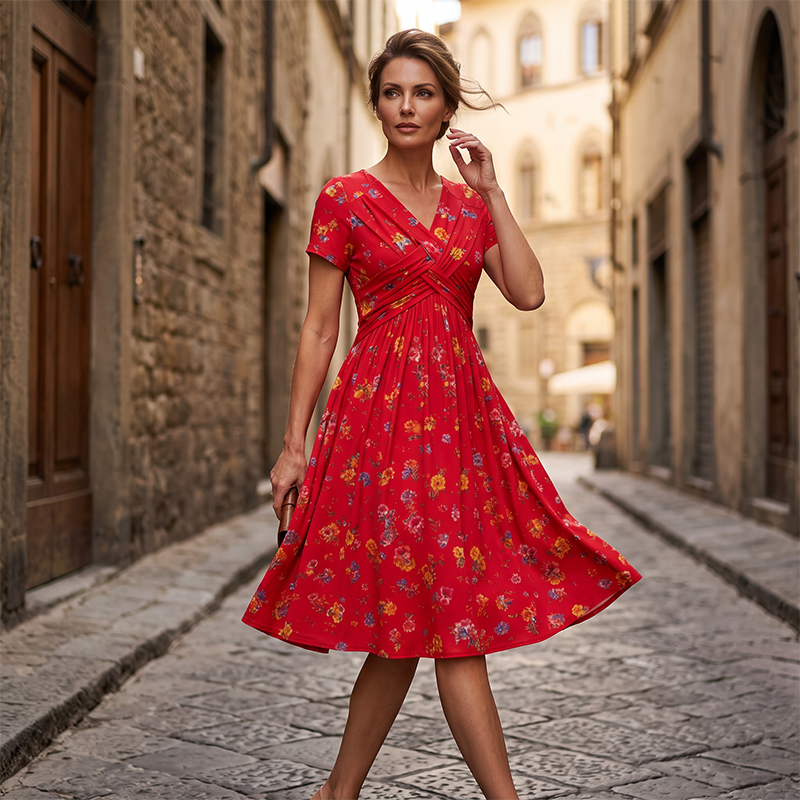👗 50% RABATT – V-hals midi-kjole med blomstermønster – vridd midje – sidelommer – myk & luftig – avslappet sommerkjole – for en elegant og selvsikker stil