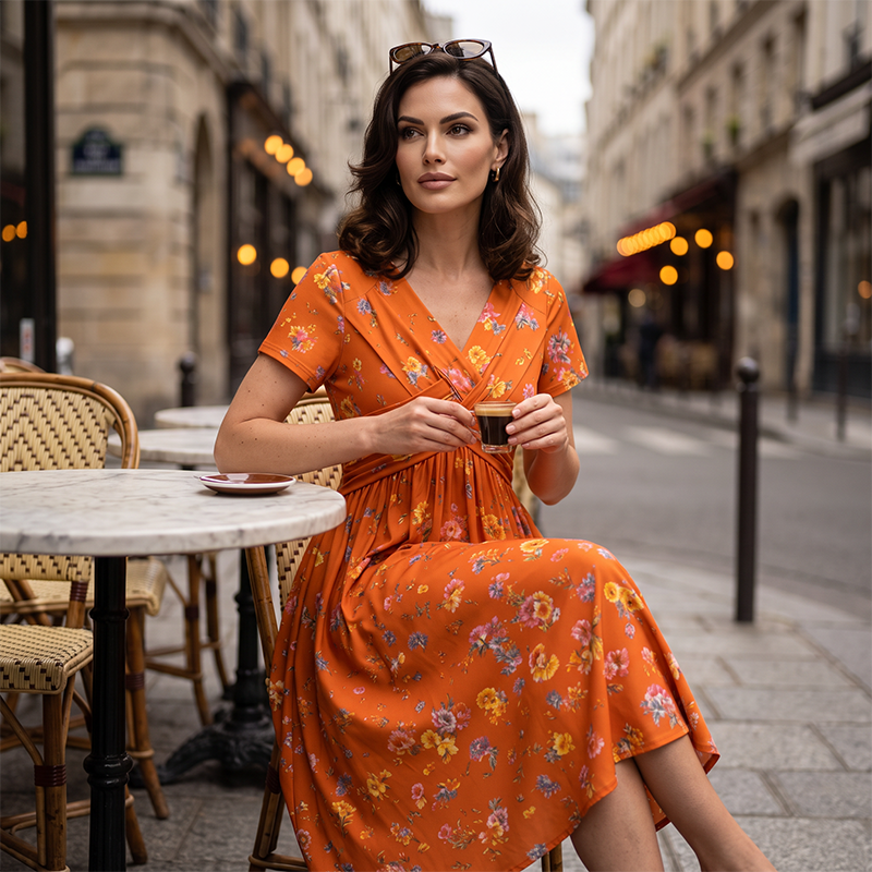 👗 50% RABATT – V-hals midi-kjole med blomstermønster – vridd midje – sidelommer – myk & luftig – avslappet sommerkjole – for en elegant og selvsikker stil