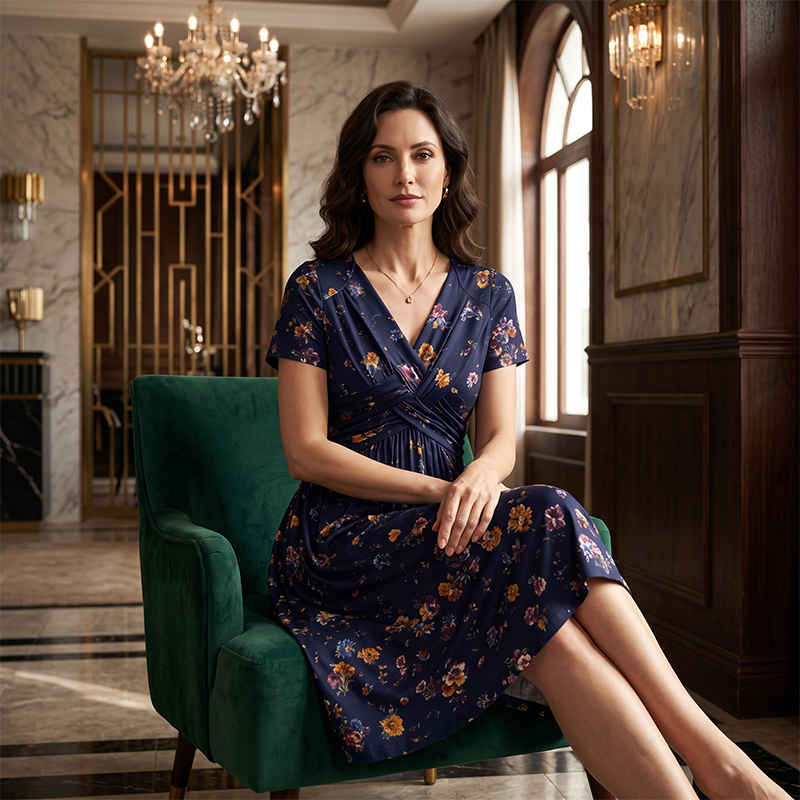 👗 50% RABATT – V-hals midi-kjole med blomstermønster – vridd midje – sidelommer – myk & luftig – avslappet sommerkjole – for en elegant og selvsikker stil