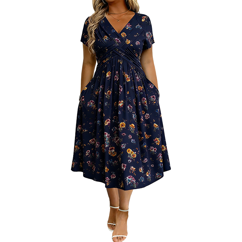 👗 50% RABATT – V-hals midi-kjole med blomstermønster – vridd midje – sidelommer – myk & luftig – avslappet sommerkjole – for en elegant og selvsikker stil