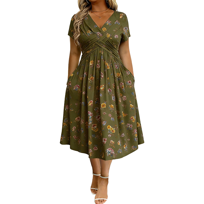 👗 50% RABATT – V-hals midi-kjole med blomstermønster – vridd midje – sidelommer – myk & luftig – avslappet sommerkjole – for en elegant og selvsikker stil