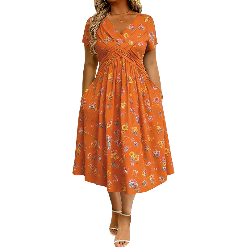 👗 50% RABATT – V-hals midi-kjole med blomstermønster – vridd midje – sidelommer – myk & luftig – avslappet sommerkjole – for en elegant og selvsikker stil