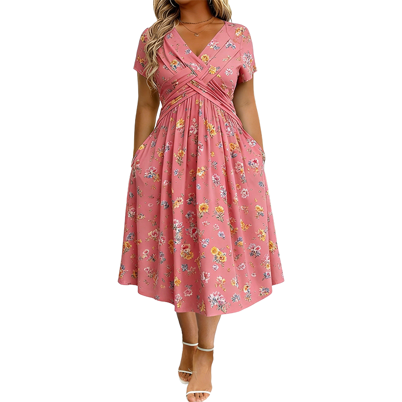 👗 50% RABATT – V-hals midi-kjole med blomstermønster – vridd midje – sidelommer – myk & luftig – avslappet sommerkjole – for en elegant og selvsikker stil