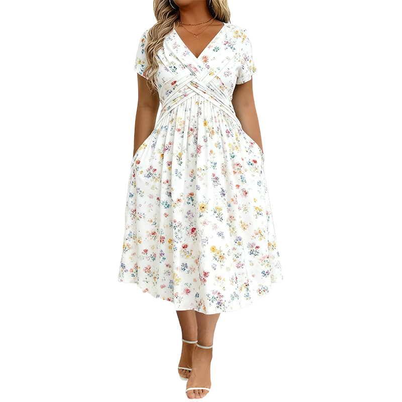 👗 50% RABATT – V-hals midi-kjole med blomstermønster – vridd midje – sidelommer – myk & luftig – avslappet sommerkjole – for en elegant og selvsikker stil