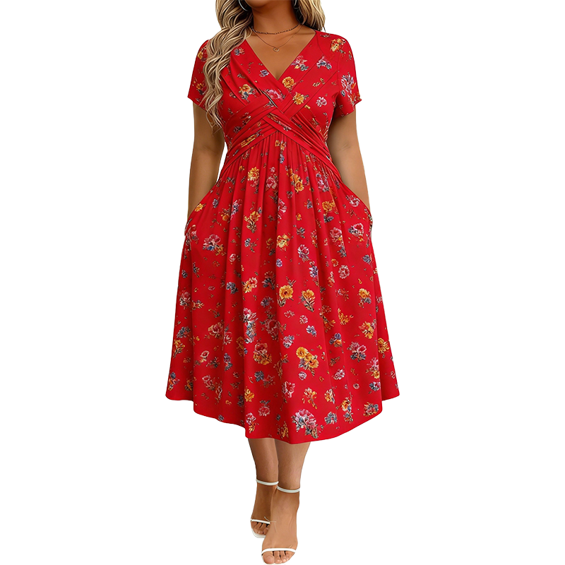 👗 50% RABATT – V-hals midi-kjole med blomstermønster – vridd midje – sidelommer – myk & luftig – avslappet sommerkjole – for en elegant og selvsikker stil