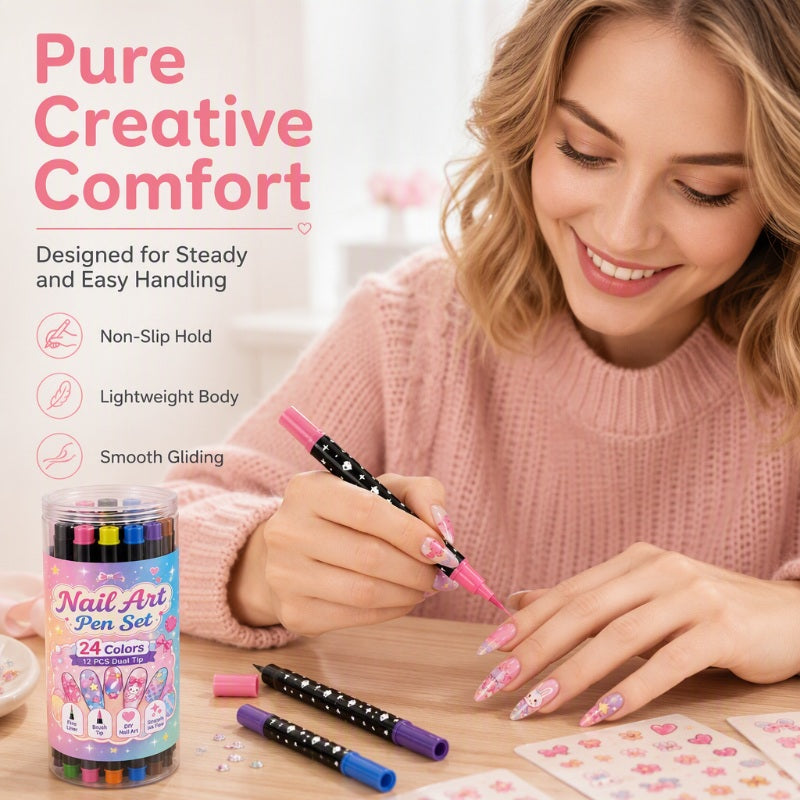 💅 50% RABATT – 24-fargers dobbeltsidige neglekunstpenner | Fin spiss og penseltupp for DIY-negledesign