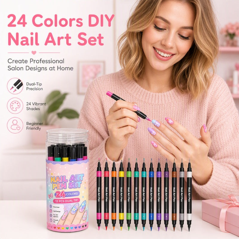 💅 50% RABATT – 24-fargers dobbeltsidige neglekunstpenner | Fin spiss og penseltupp for DIY-negledesign