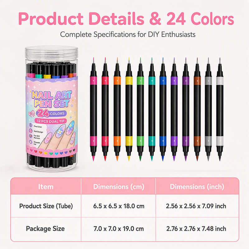 💅 50% RABATT – 24-fargers dobbeltsidige neglekunstpenner | Fin spiss og penseltupp for DIY-negledesign