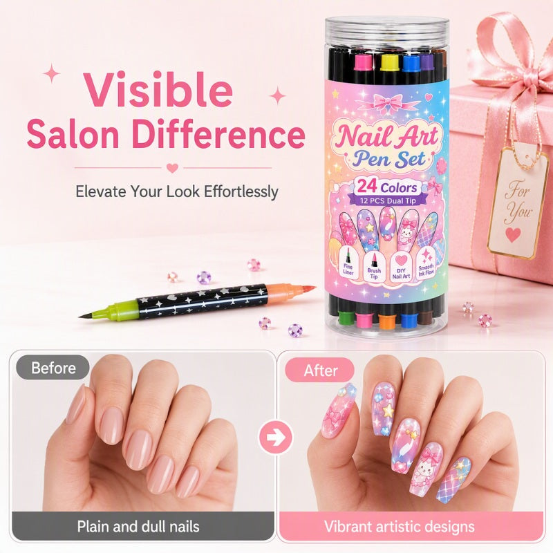 💅 50% RABATT – 24-fargers dobbeltsidige neglekunstpenner | Fin spiss og penseltupp for DIY-negledesign
