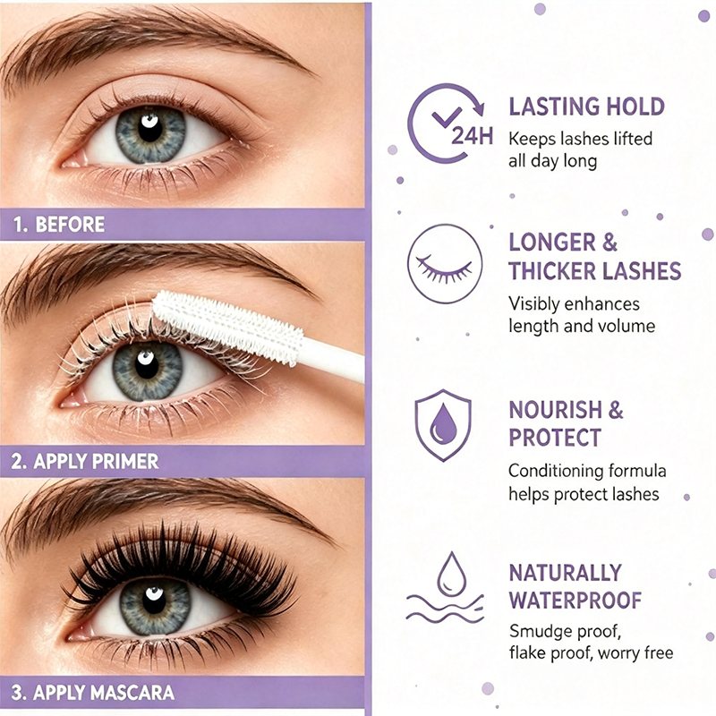 🔥 50% RABATT 👁️ Volumgivende Mascara Primer – 24T Hold, Smudge-Proof & Ekstra Lengde