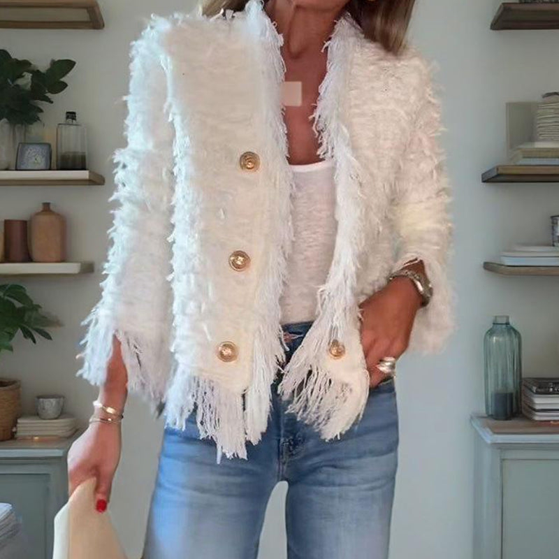 🔥 50% RABATT 🧥 Kort Frakk med Dusker til Dame – Elegant, Myk & Enkel å Style