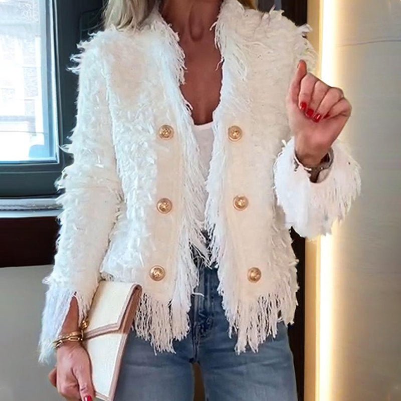 🔥 50% RABATT 🧥 Kort Frakk med Dusker til Dame – Elegant, Myk & Enkel å Style