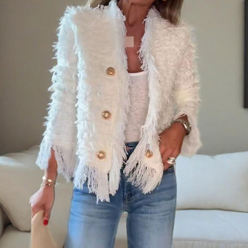 🔥 50% RABATT 🧥 Kort Frakk med Dusker til Dame – Elegant, Myk & Enkel å Style