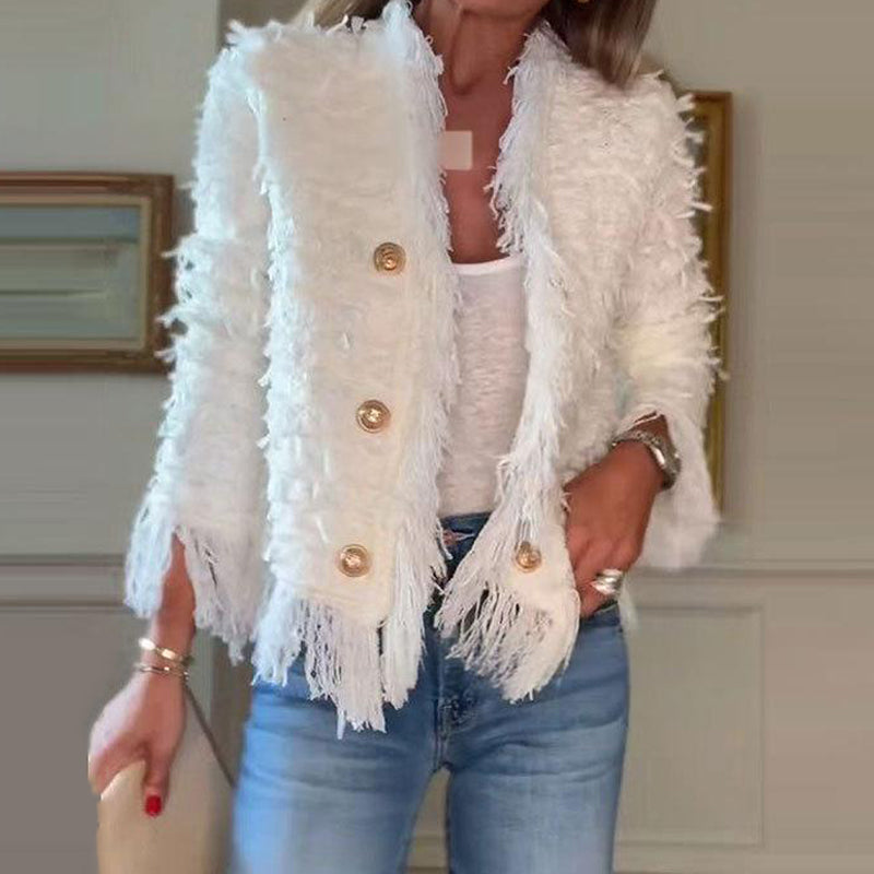 🔥 50% RABATT 🧥 Kort Frakk med Dusker til Dame – Elegant, Myk & Enkel å Style
