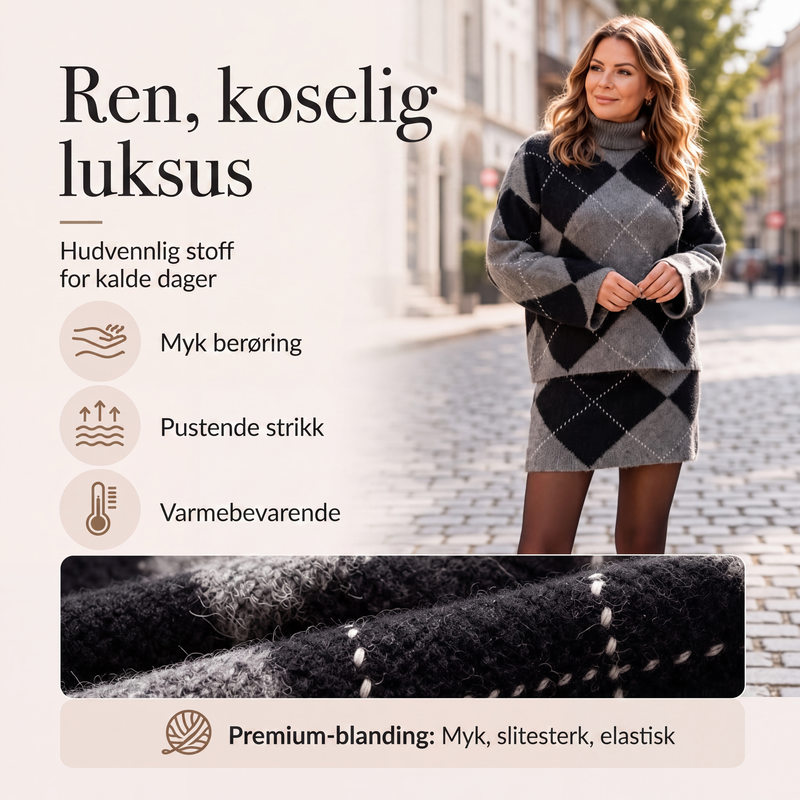 🔥 50% RABATT 🍂 Rutemønstret Strikkegenser & Skjørt-sett til Dame – Elegant, Mykt & Perfekt for Høst og Vinter