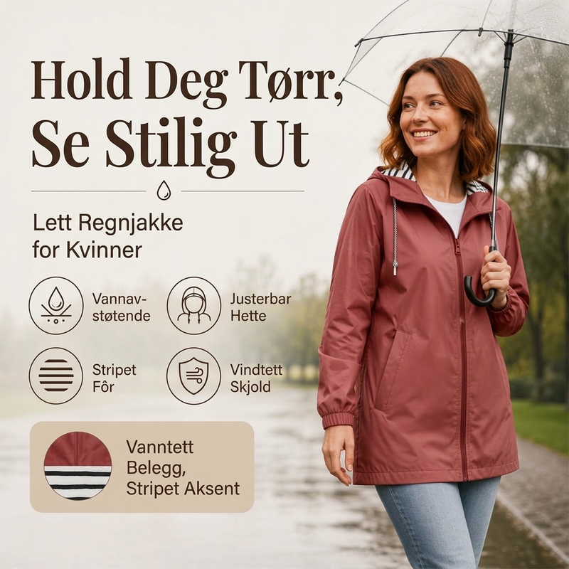 🔥 50% RABATT 🌧️ Vanntett Utendørsjakke med Hette til Dame – Lett, Praktisk & Klar for Skiftende Vær