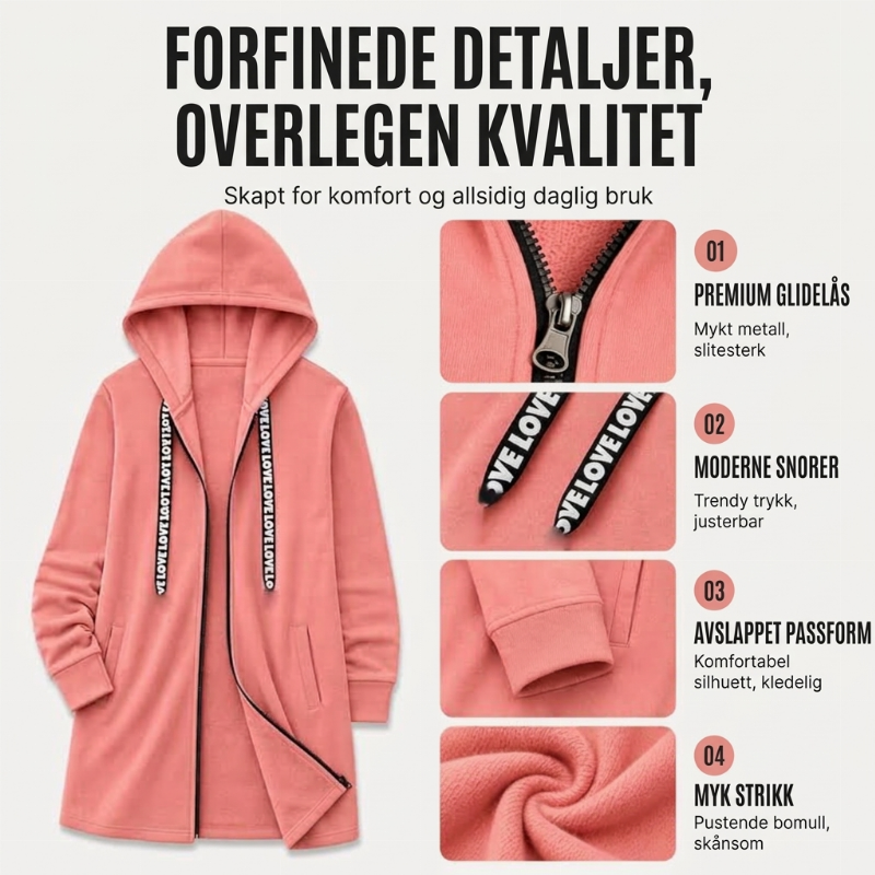 Tykk mellomlang hettejakke for kvinner