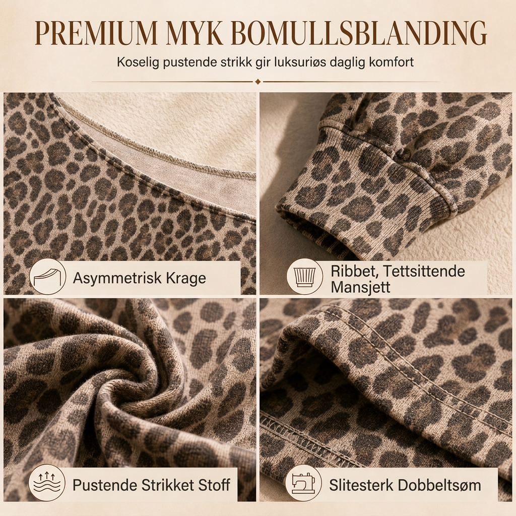 Uformell Genser med Leopardmønster, Avskuldret, Løs Passform, Langermet, Gensertopp i Bomullsblanding