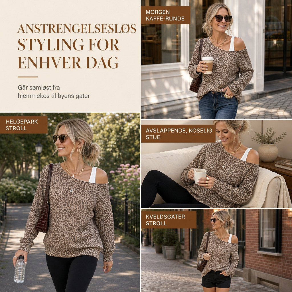 Uformell Genser med Leopardmønster, Avskuldret, Løs Passform, Langermet, Gensertopp i Bomullsblanding