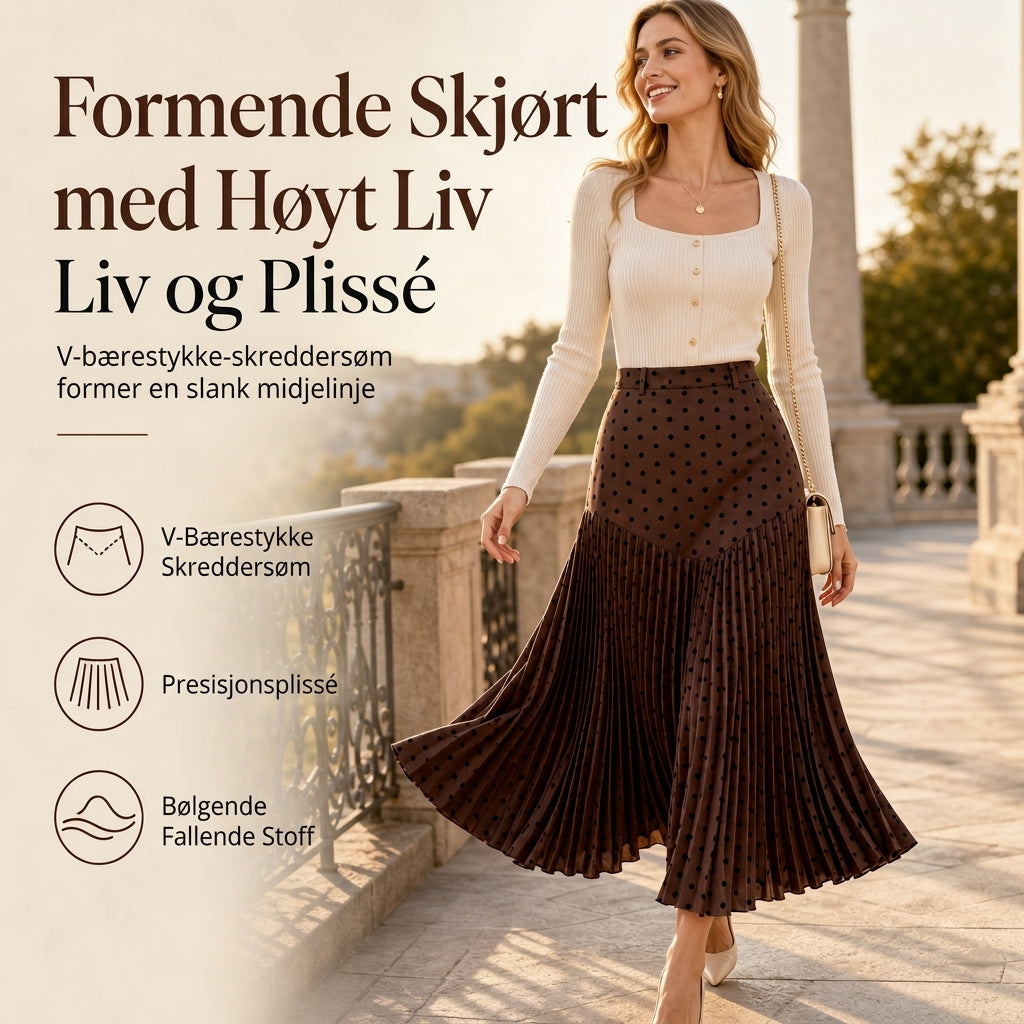 Høyt midjert prikkete plissert skjørt for kvinner