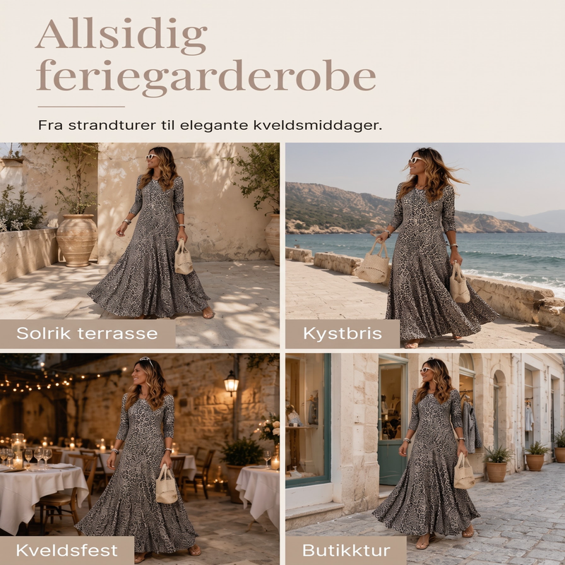 🔥 50% RABATT🐆 | Leopardmønstret Maxikjole for Dame – Avslappet A-linje & Lange Ermer