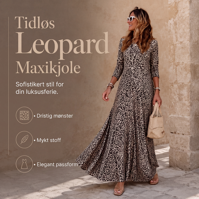 🔥 50% RABATT🐆 | Leopardmønstret Maxikjole for Dame – Avslappet A-linje & Lange Ermer