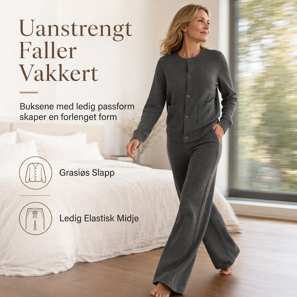 🔥 50% RABATT | Mykt strikket 2-delt sett med kardigan og vide bukser