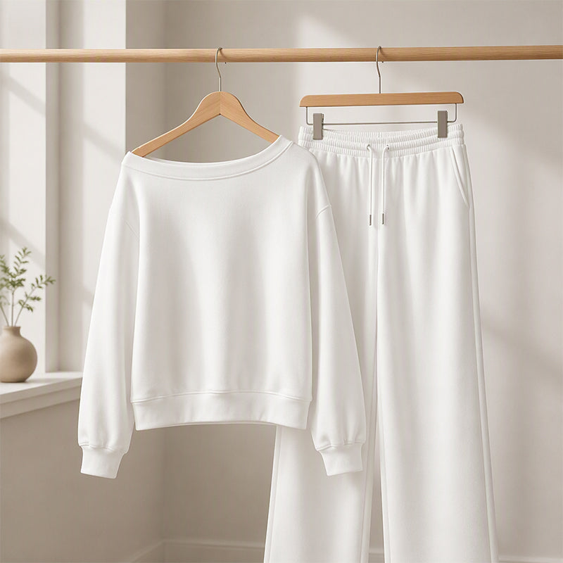 🔥 50% RABATT | Elegant 2-delt sett med off-shoulder topp & vide bukser