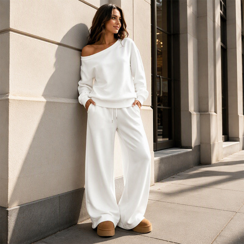 🔥 50% RABATT | Elegant 2-delt sett med off-shoulder topp & vide bukser