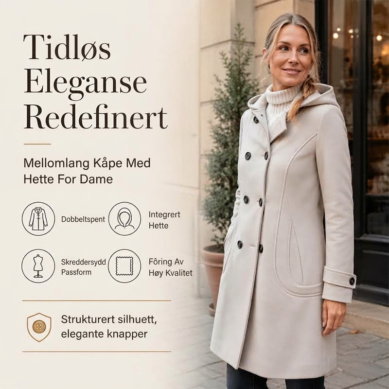Dobbeltknapp hettefrakk i ull til dame