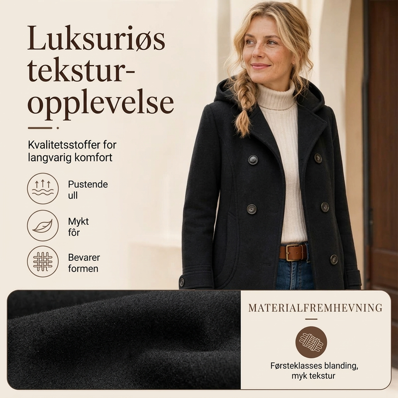 Dobbeltknapp hettefrakk i ull til dame