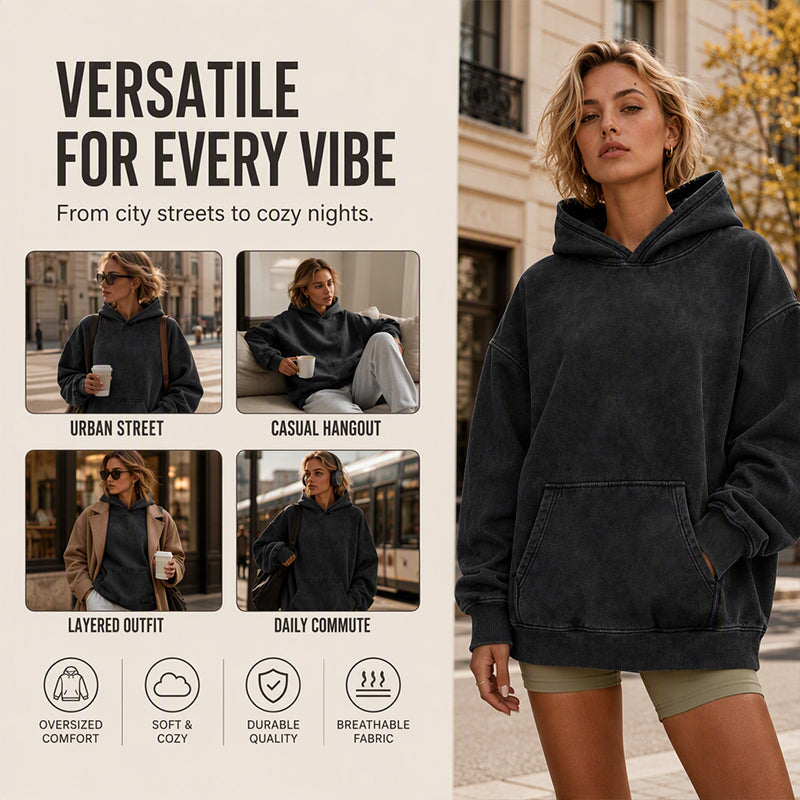 🧥 50% RABATT – Unisex oversized acid wash-hettegenser | Avslappet vintage hoodie med romslig passform