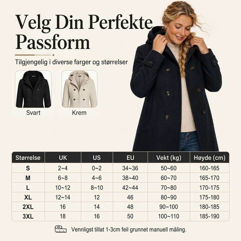 🍂 50% RABATT | Elegant dobbeltspent kåpe med hette – klassisk mellomlang passform